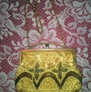 VINTAGE GOLD SATIN BEADED BAG